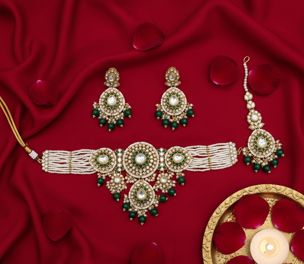 Jewel City Green Kundan & Pearl Choker Set: Handcrafted Gold-Plated Indian Bridal Jewelry with Maang Tikka