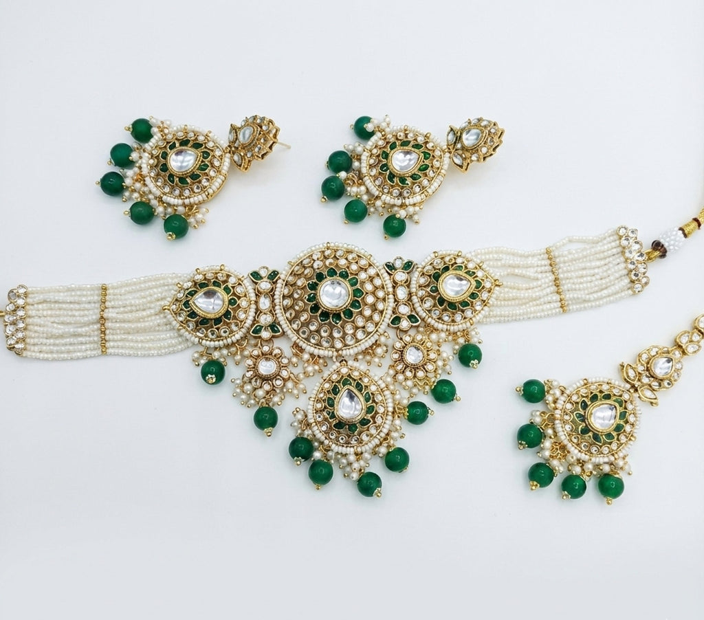 Jewel City Green Kundan & Pearl Choker Set: Handcrafted Gold-Plated Indian Bridal Jewelry with Maang Tikka