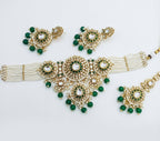 Jewel City Green Kundan & Pearl Choker Set: Handcrafted Gold-Plated Indian Bridal Jewelry with Maang Tikka