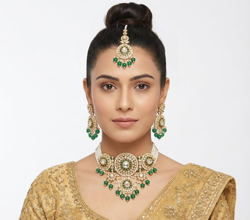 Jewel City Green Kundan & Pearl Choker Set: Handcrafted Gold-Plated Indian Bridal Jewelry with Maang Tikka