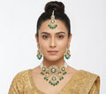 Jewel City Green Kundan & Pearl Choker Set: Handcrafted Gold-Plated Indian Bridal Jewelry with Maang Tikka