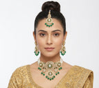 Jewel City Green Kundan & Pearl Choker Set: Handcrafted Gold-Plated Indian Bridal Jewelry with Maang Tikka