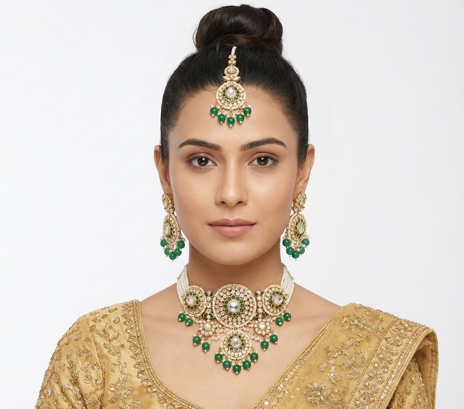 Jewel City Green Kundan & Pearl Choker Set: Handcrafted Gold-Plated Indian Bridal Jewelry with Maang Tikka