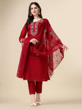 Embroidered Kurta With Pant And Organza Dupatta Set, Multicolor - Hiral Fashion - Distacart