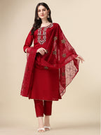 Embroidered Kurta With Pant And Organza Dupatta Set, Multicolor - Hiral Fashion - Distacart