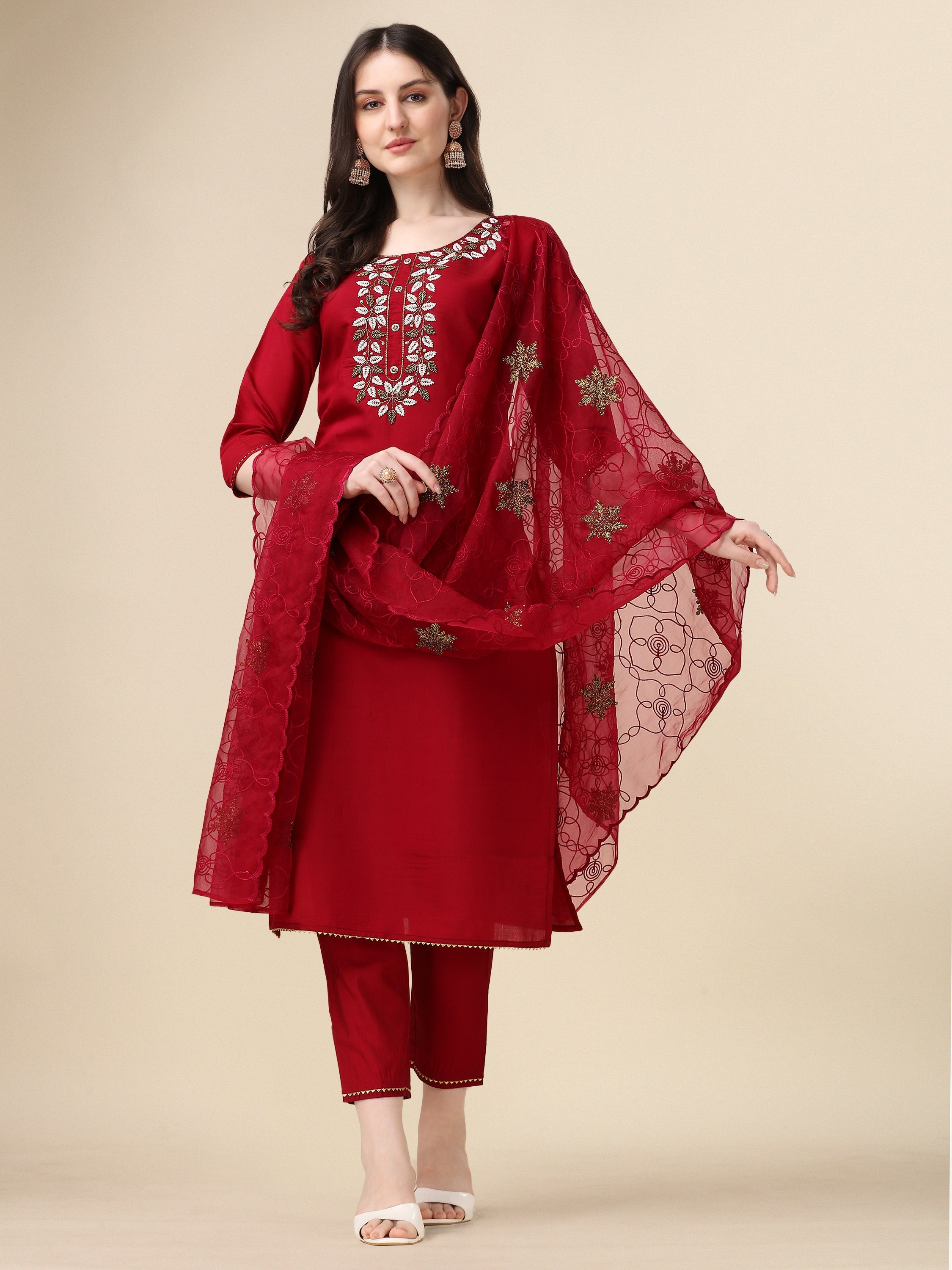 Embroidered Kurta With Pant And Organza Dupatta Set, Multicolor - Hiral Fashion - Distacart
