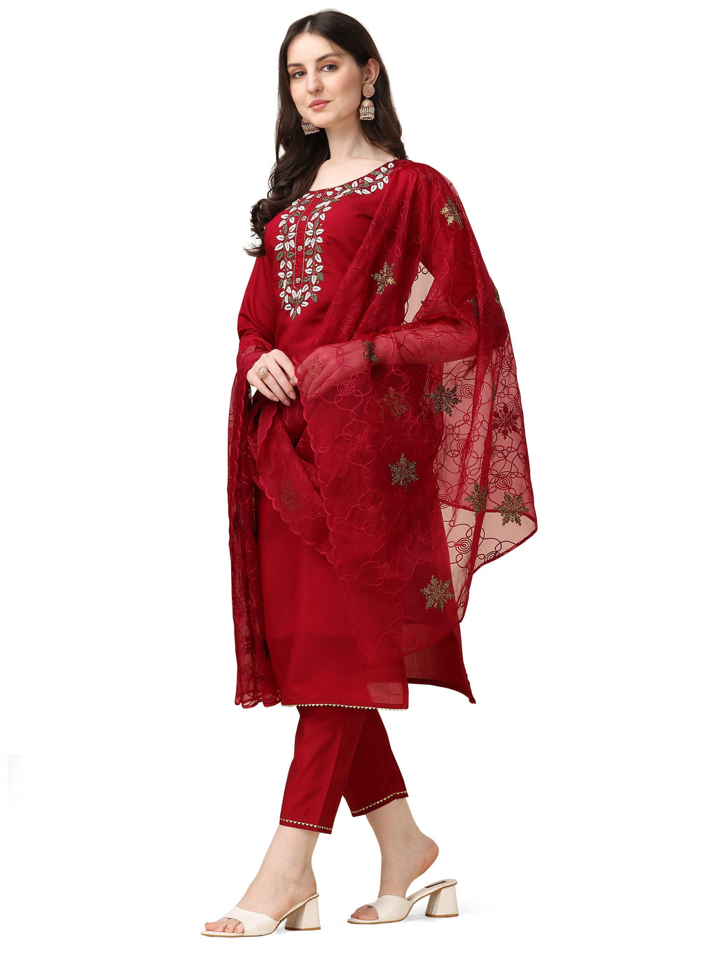 Embroidered Kurta With Pant And Organza Dupatta Set, Multicolor - Hiral Fashion - Distacart