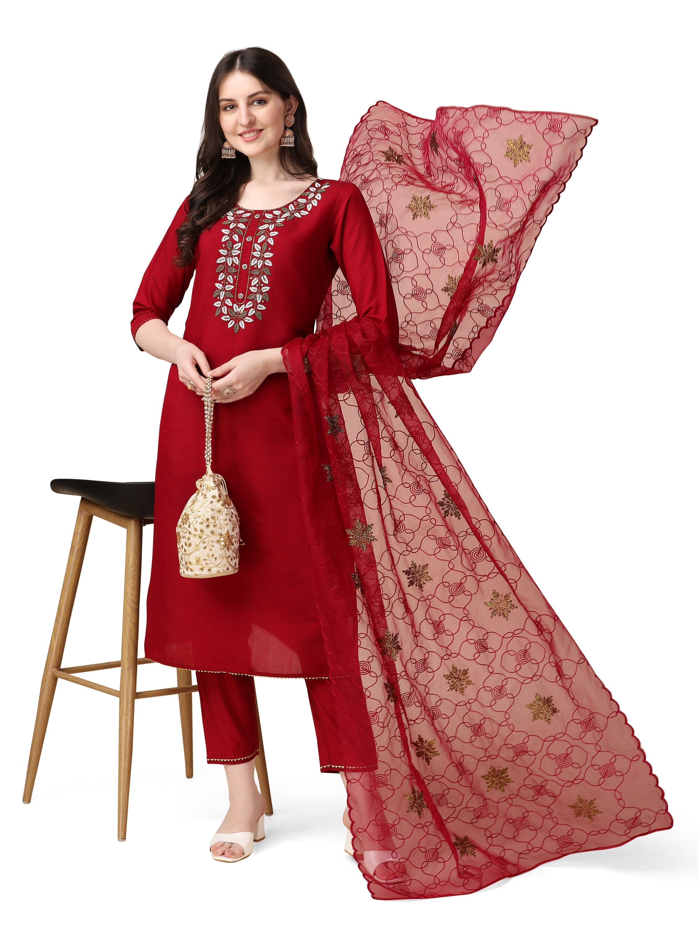Embroidered Kurta With Pant And Organza Dupatta Set, Multicolor - Hiral Fashion - Distacart
