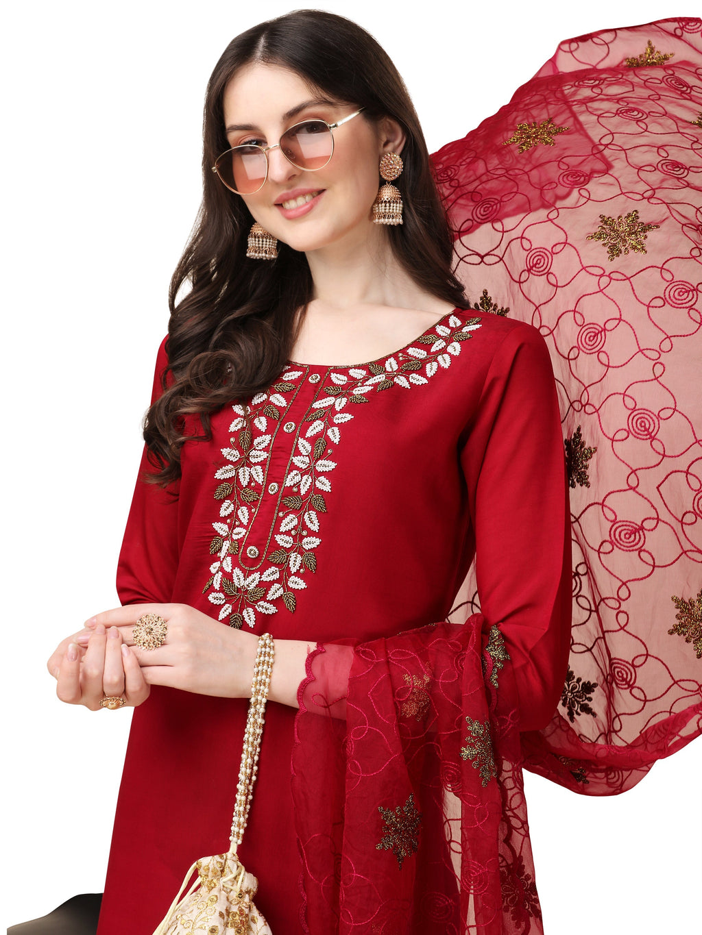 Embroidered Kurta With Pant And Organza Dupatta Set, Multicolor - Hiral Fashion - Distacart