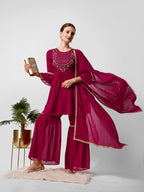 Hand Embroidered Kurta With Sharara And Dupatta Set, Multicolor - Hiral Fashion - Distacart