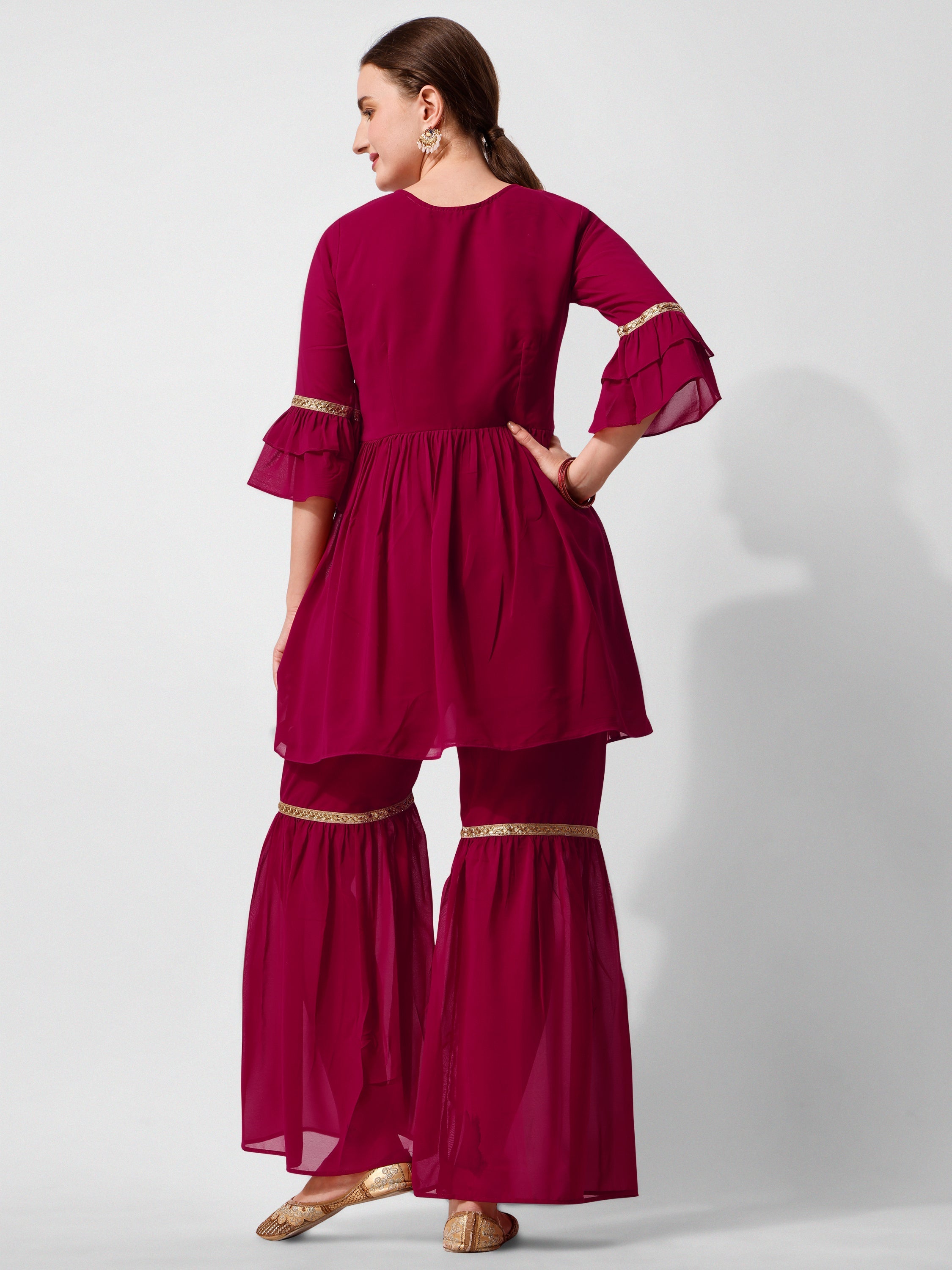 Hand Embroidered Kurta With Sharara And Dupatta Set, Multicolor - Hiral Fashion - Distacart