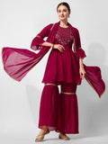 Hand Embroidered Kurta With Sharara And Dupatta Set, Multicolor - Hiral Fashion - Distacart