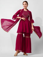 Hand Embroidered Kurta With Sharara And Dupatta Set, Multicolor - Hiral Fashion - Distacart