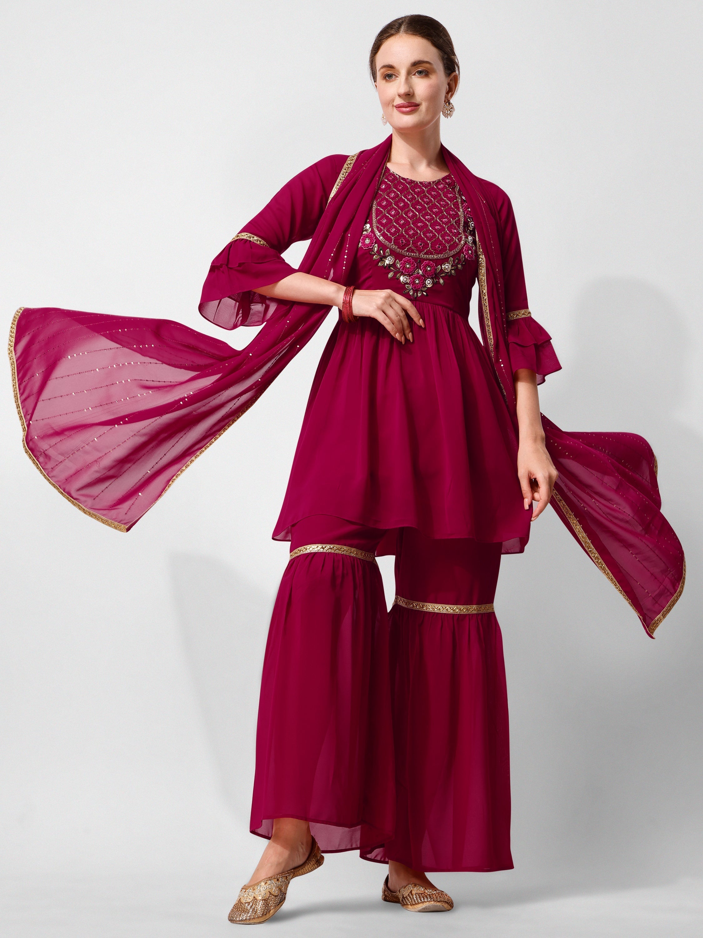 Hand Embroidered Kurta With Sharara And Dupatta Set, Multicolor - Hiral Fashion - Distacart