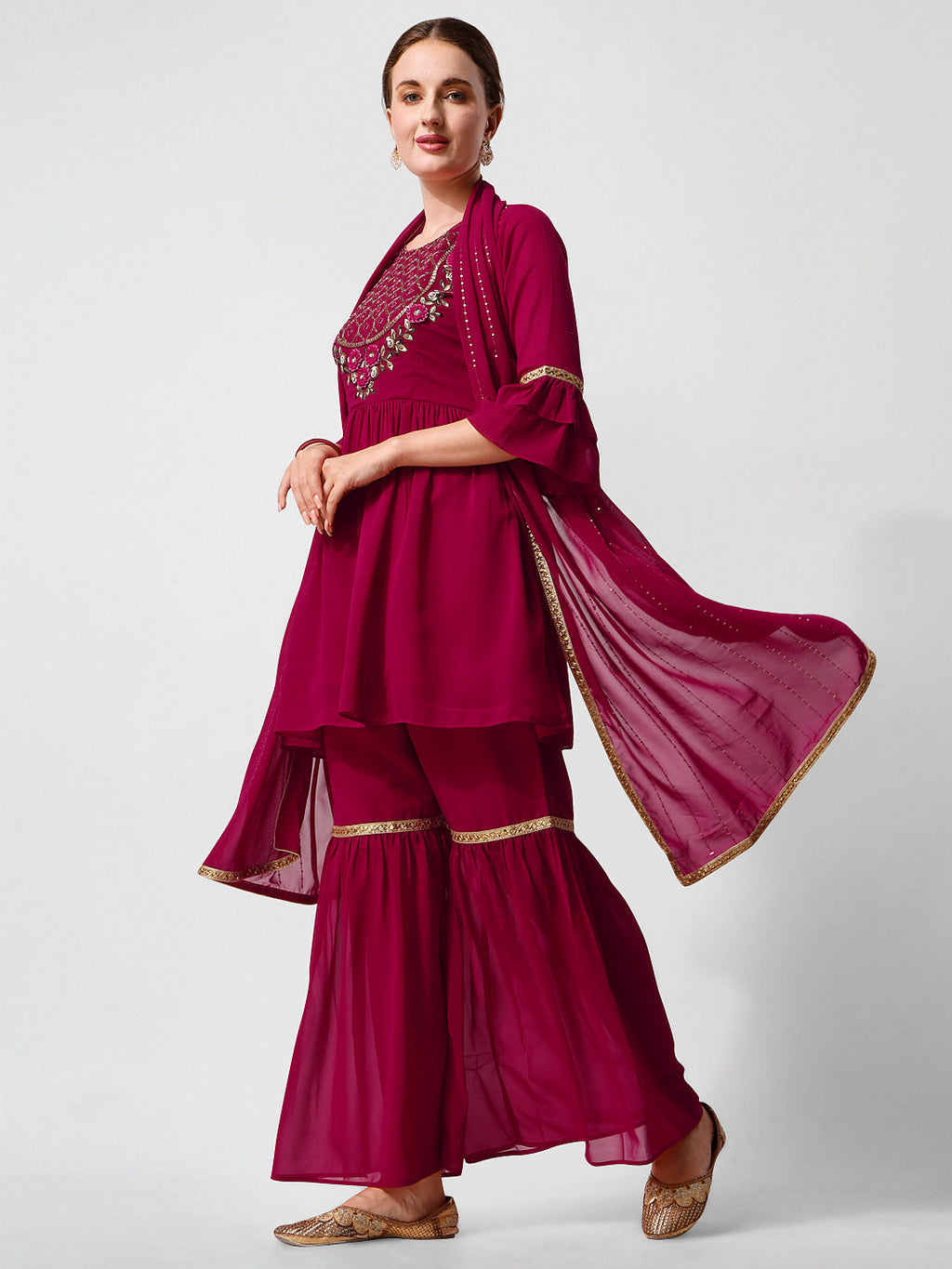 Hand Embroidered Kurta With Sharara And Dupatta Set, Multicolor - Hiral Fashion - Distacart