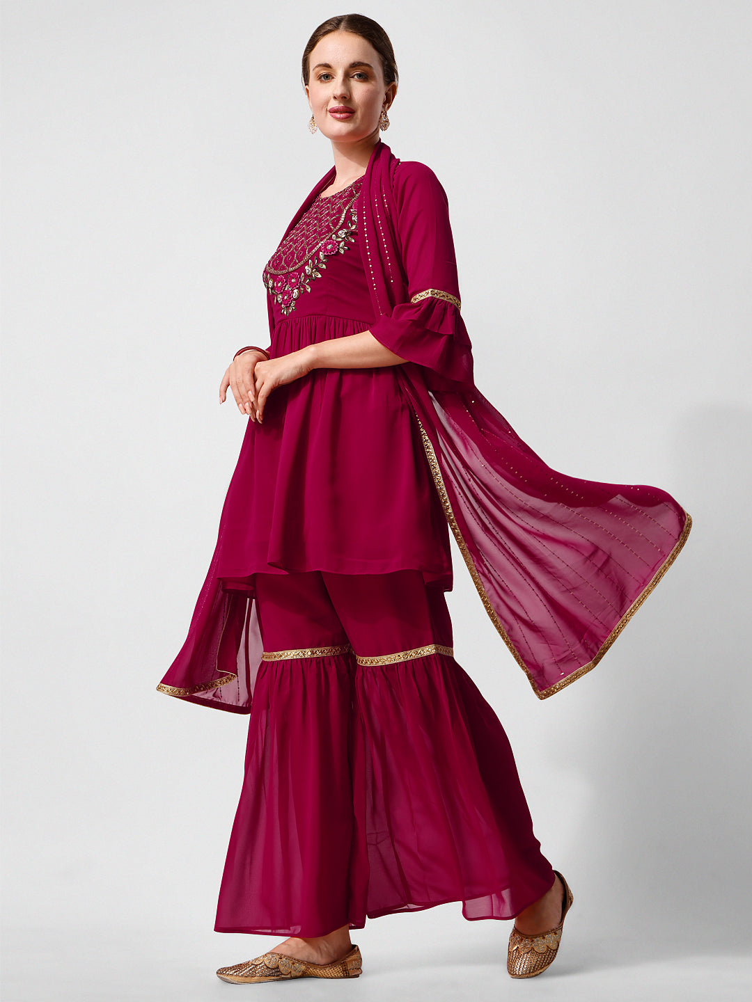 Hand Embroidered Kurta With Sharara And Dupatta Set, Multicolor - Hiral Fashion - Distacart