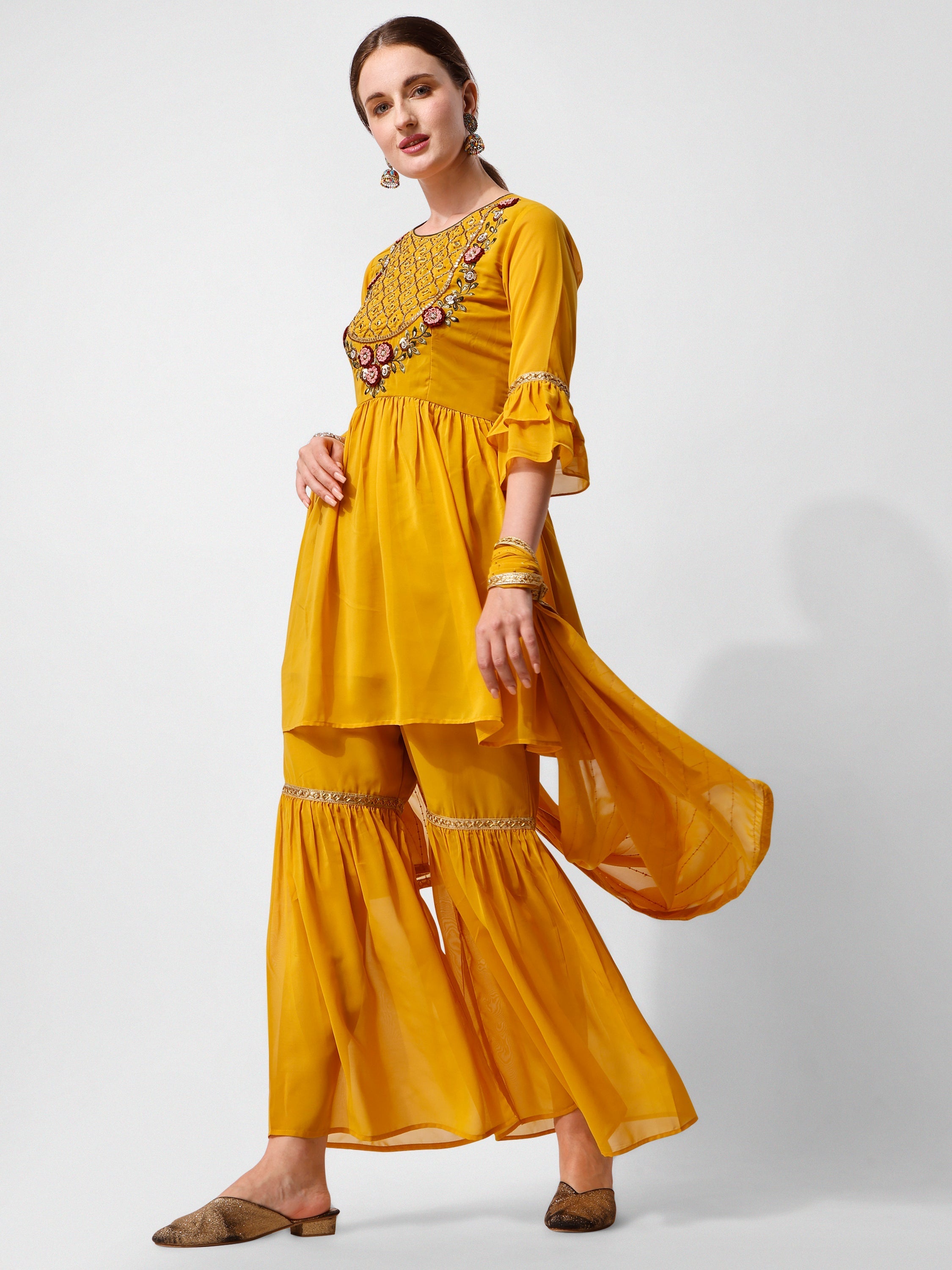 Hand Embroidered Kurta With Sharara And Dupatta Set, Multicolor - Hiral Fashion - Distacart