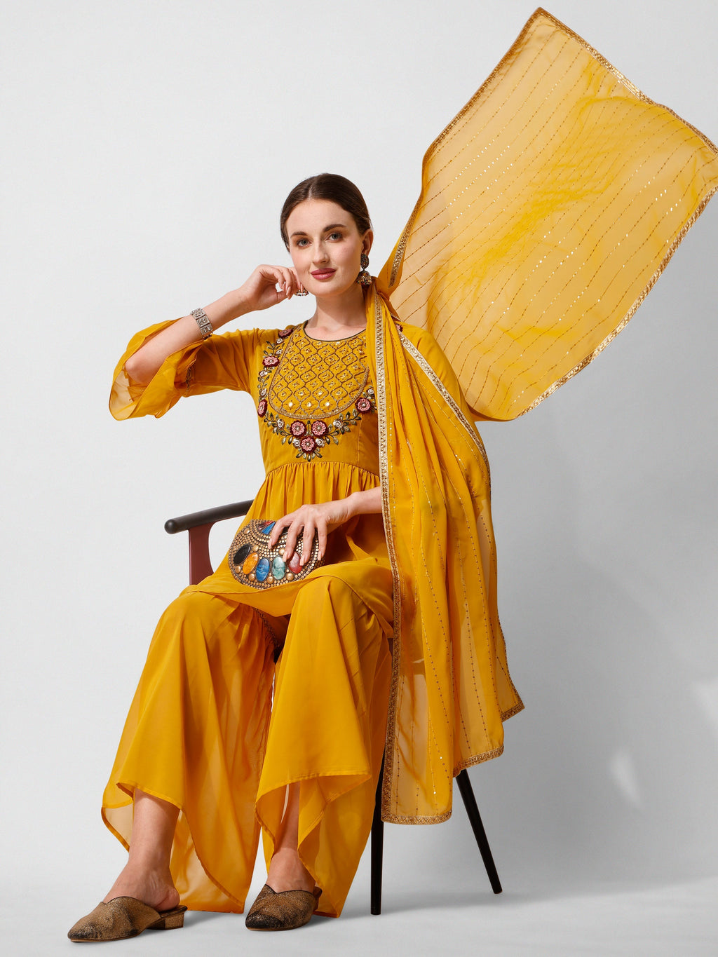 Hand Embroidered Kurta With Sharara And Dupatta Set, Multicolor - Hiral Fashion - Distacart