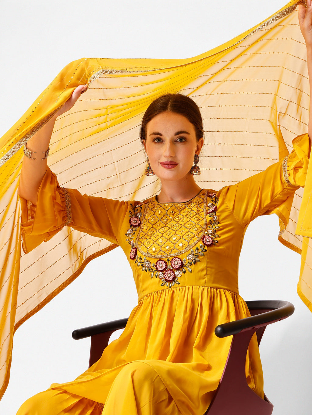 Hand Embroidered Kurta With Sharara And Dupatta Set, Multicolor - Hiral Fashion - Distacart