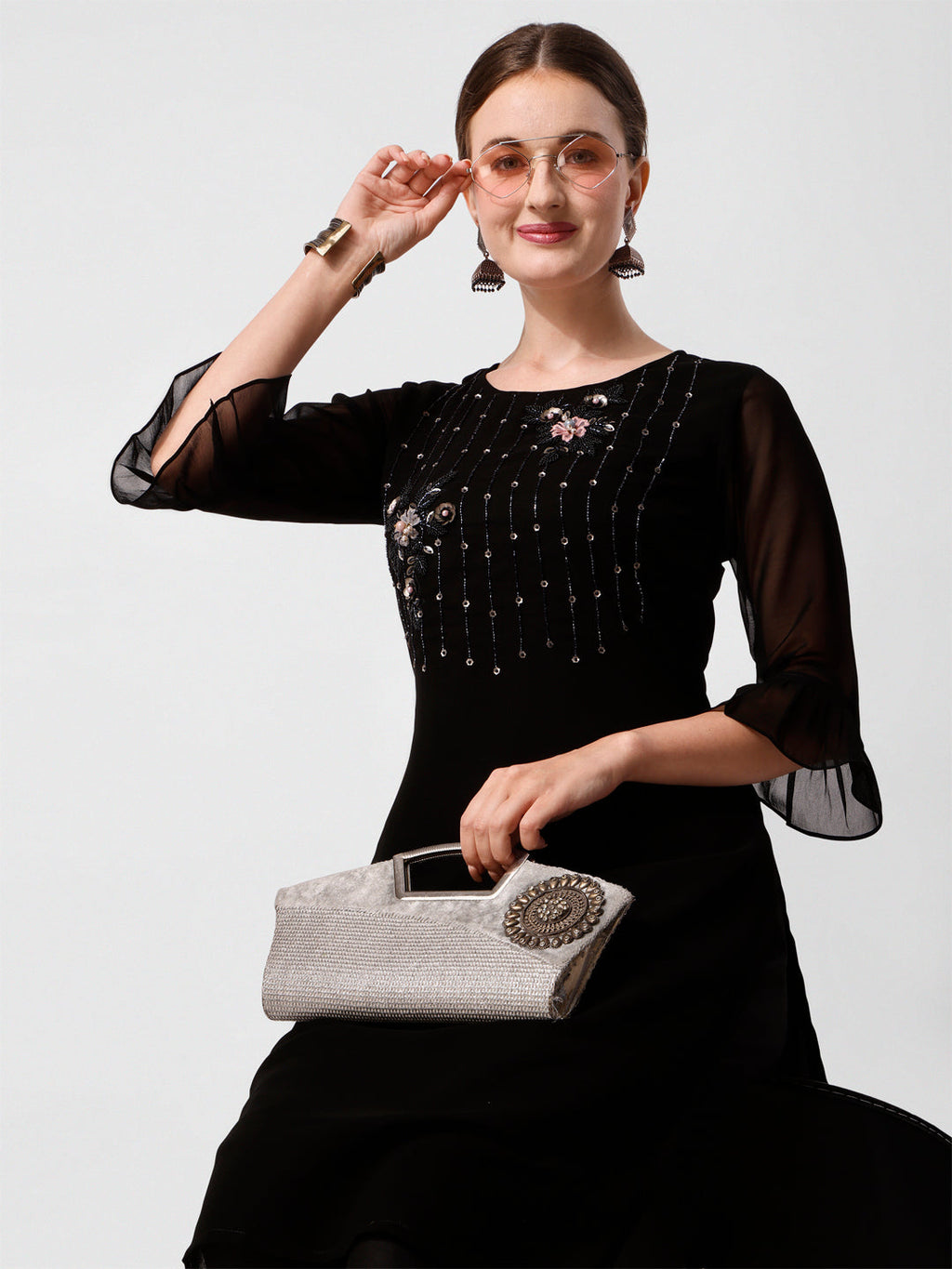 Georgette Black Kurta With Pant Set, Multicolor - Hiral Fashion - Distacart