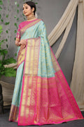 Jyoti Fashion Women's Sky Blue Kanjivaram Silk Zari Woven Saree with Blouse