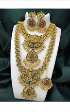 Jewel City Royal Temple Design Lakshmi Kaasu Mala Set with Chandbali Earrings & Tikka - Distacart