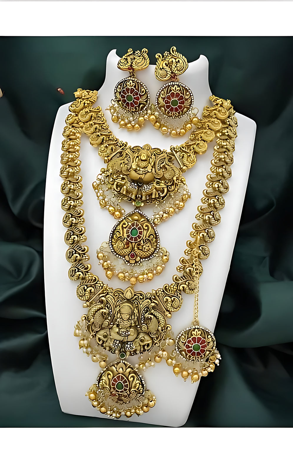 Jewel City Royal Temple Design Lakshmi Kaasu Mala Set with Chandbali Earrings & Tikka - Distacart