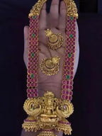 Jewel City Traditional Lakshmi Temple Jewellery Set - Antique Red Green Stone Long Necklace with Jhumka Earrings