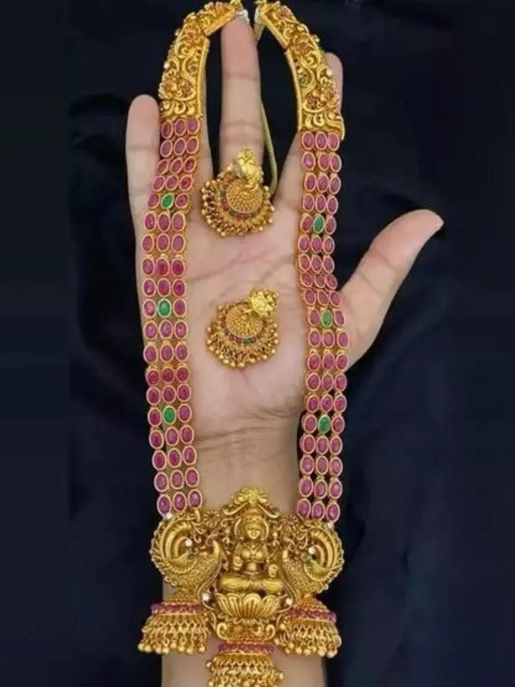 Jewel City Traditional Lakshmi Temple Jewellery Set - Antique Red Green Stone Long Necklace with Jhumka Earrings
