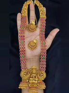 Jewel City Traditional Lakshmi Temple Jewellery Set - Antique Red Green Stone Long Necklace with Jhumka Earrings