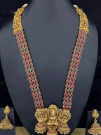 Jewel City Traditional Lakshmi Temple Jewellery Set - Antique Red Green Stone Long Necklace with Jhumka Earrings
