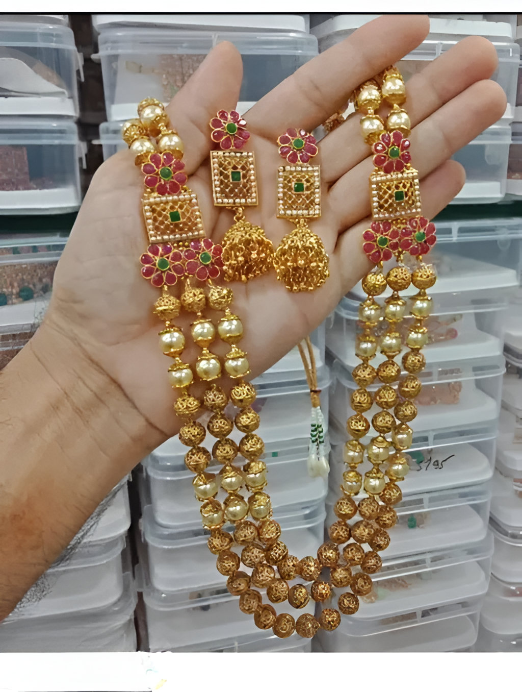 Jewel City Elegant Multi-Strand Gold Bead Temple Necklace Set with Floral Ruby-Emerald - Traditional South Indian Style Jewelry