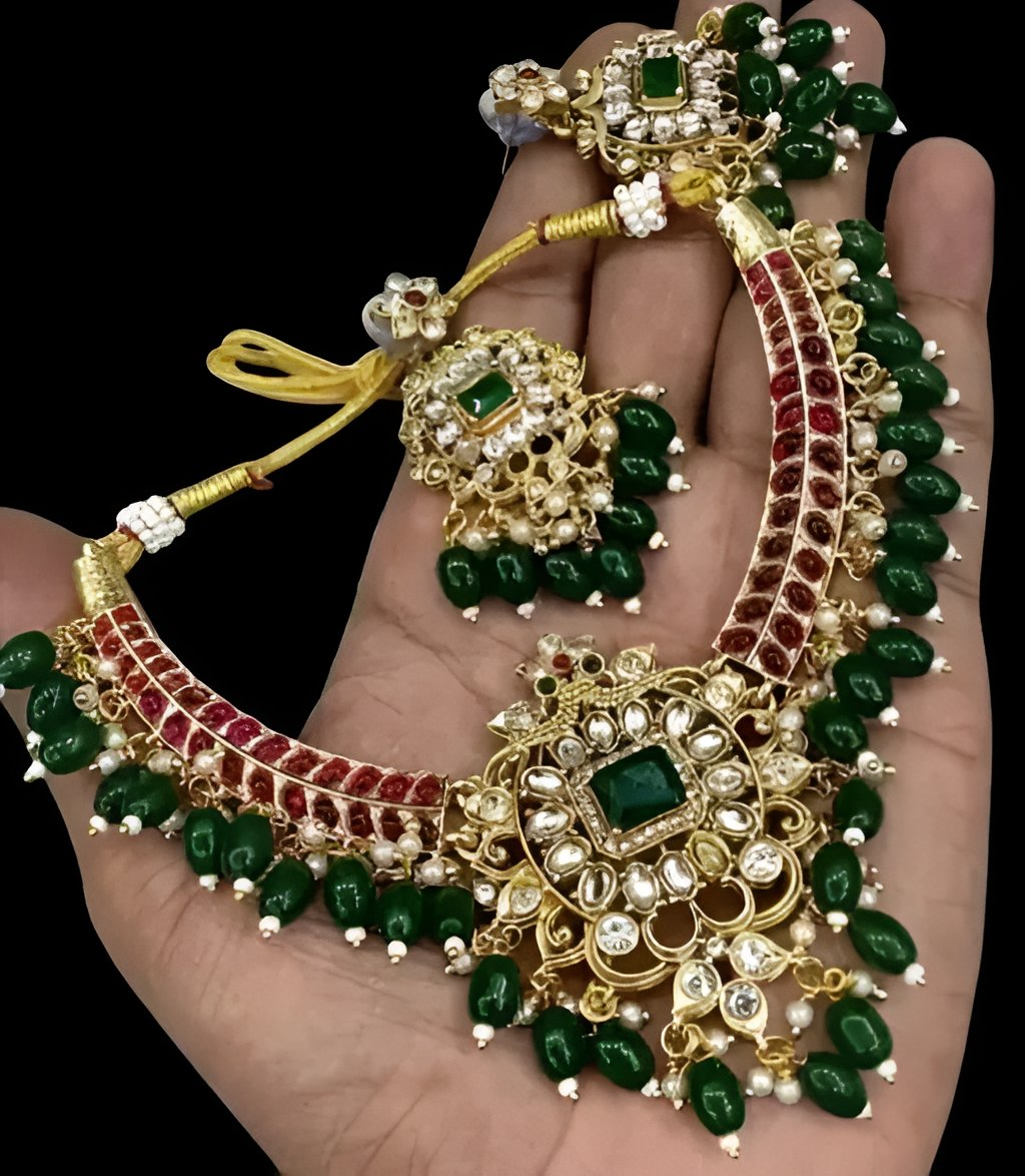 Jewel City Royal Kundan Choker Necklace Set – Gold-Plated Bridal Jewelry with Emerald & Ruby Beads