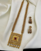 Jewel City Antique Gold-Plated Filigree Necklace Set – Traditional Long Haram with Ruby Accent