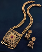 Jewel City Antique Gold-Plated Filigree Necklace Set – Traditional Long Haram with Ruby Accent