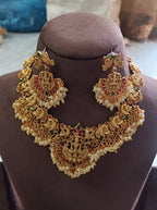 Jewel City Traditional Lakshmi Temple Necklace Set – Gold-Plated Bridal Jewelry with Pearls & Kemp Stones