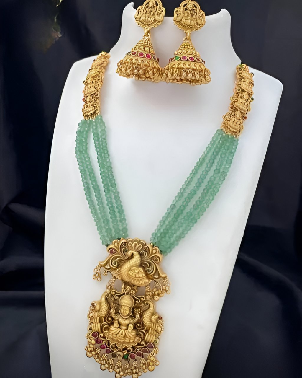 Jewel City Gold-Plated Temple Jewelry Set with Green Beads – Lakshmi & Peacock Design