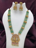 Jewel City Traditional Green Bead Temple Necklace with Lakshmi Pendant & Elephant Motif – Antique Gold-Plated South Indian Jewelry