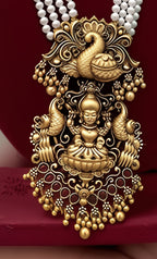 Jewel City Traditional Multi-Strand White Temple Lakshmi Pendant Necklace Set Antique Gold-Plated South Indian Bridal Jewelry Set