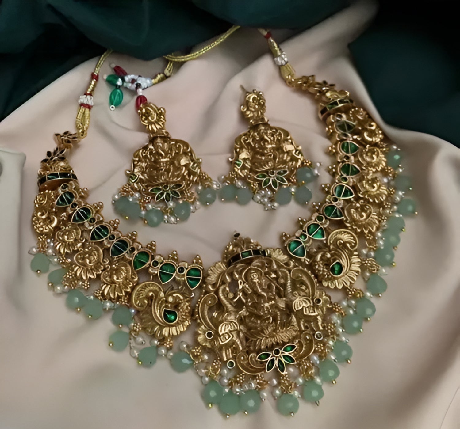 Jewel City Temple Gold Ganesh Necklace Set with Emerald Green Stones & Pearl Droplets Traditional Ethnic Indian Bridal Jewelry Set