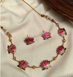 Jewel City Handcrafted Lotus Meenakari Necklace & Stud Earrings Set – Gold-Plated Ethnic Floral Jewelry Wear