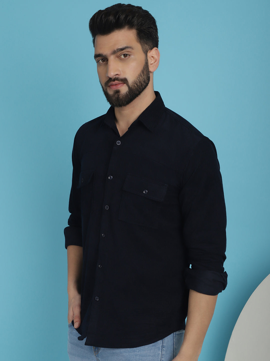 Indian Needle Men's Standard Corduroy Cotton Shirt - Navy Blue