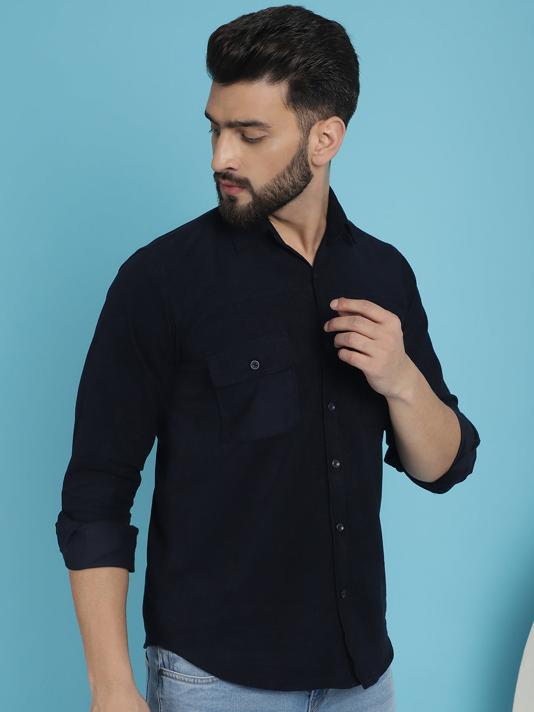 Indian Needle Men's Standard Corduroy Cotton Shirt - Navy Blue