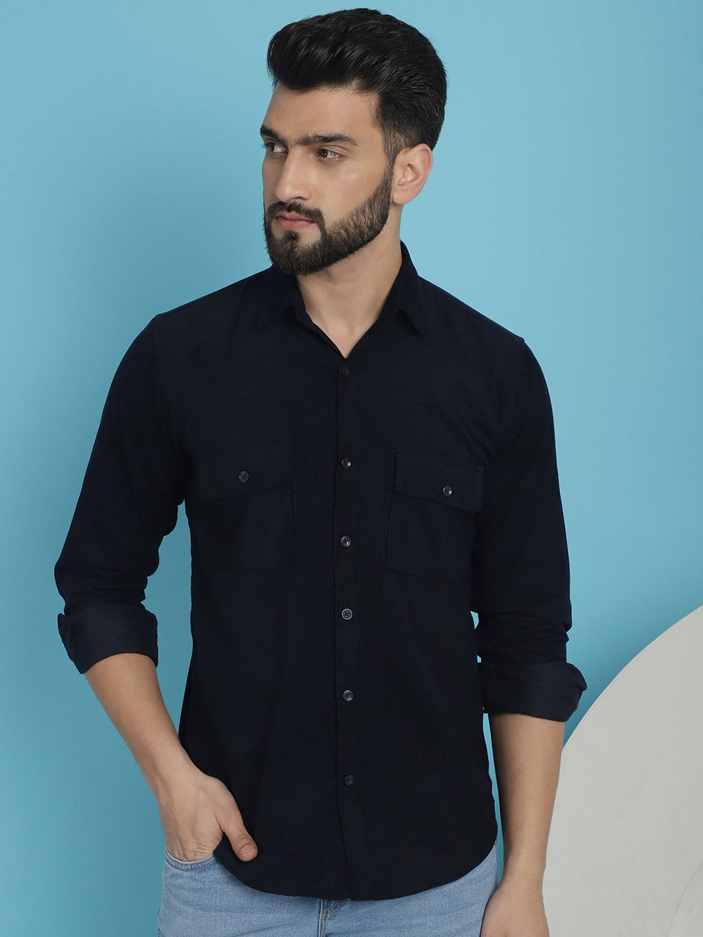 Indian Needle Men's Standard Corduroy Cotton Shirt - Navy Blue