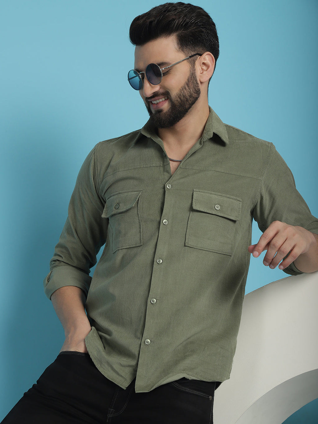 Indian Needle Men's Standard Corduroy Cotton Shirt - Pista