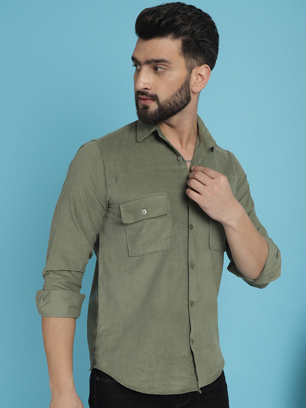 Indian Needle Men's Standard Corduroy Cotton Shirt - Pista
