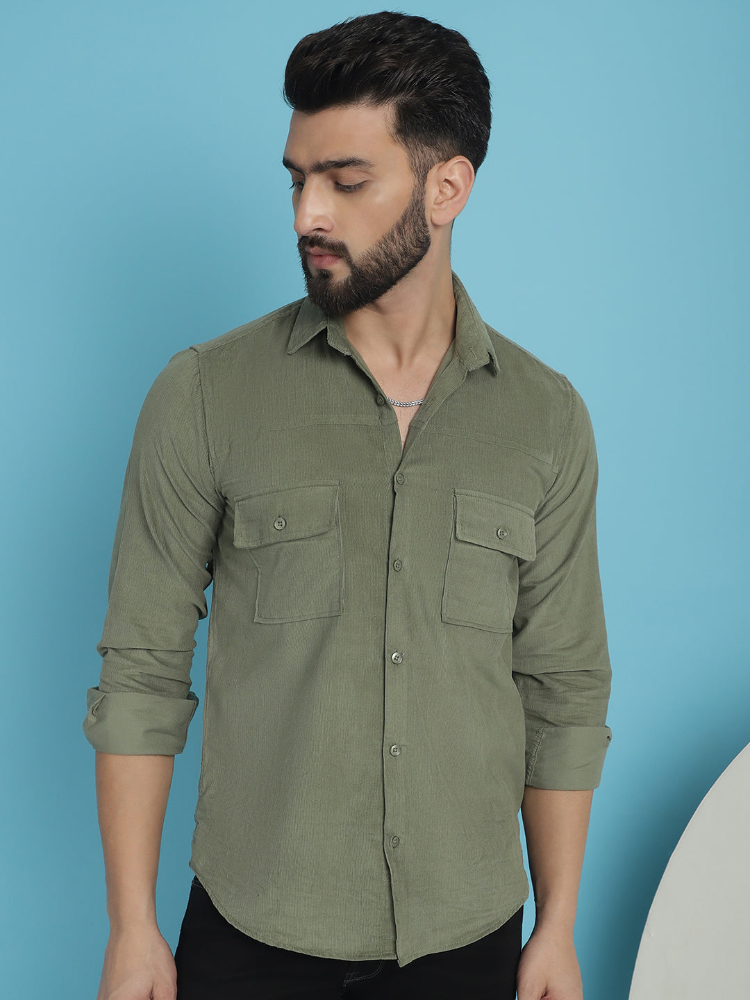 Indian Needle Men's Standard Corduroy Cotton Shirt - Pista