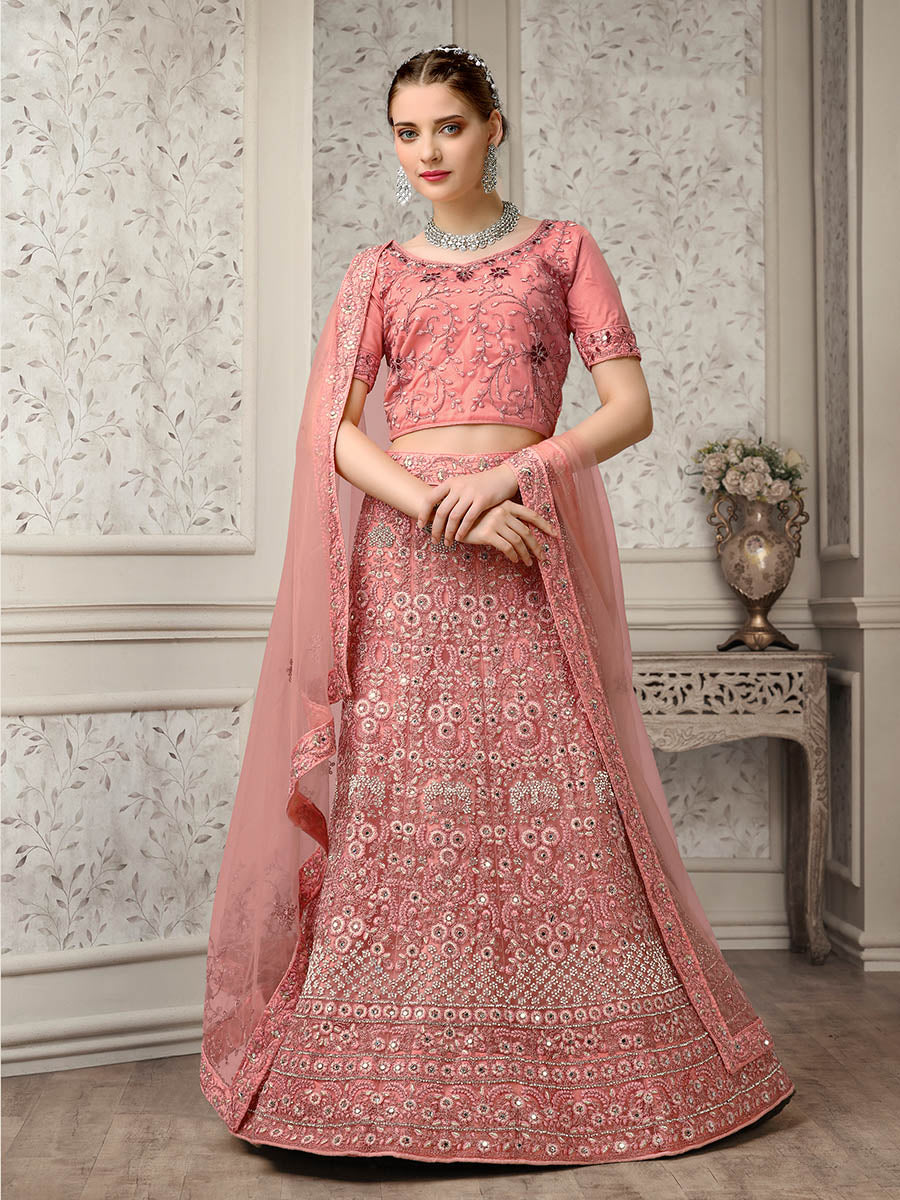 Myra Dusty Pink Net Heavy Embroidered Lehenga Choli