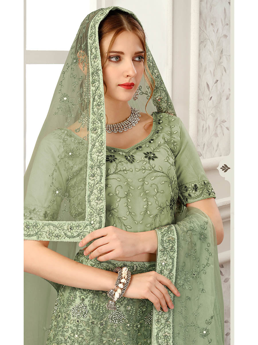 Myra Pista Net Heavy Embroidered Lehenga Choli