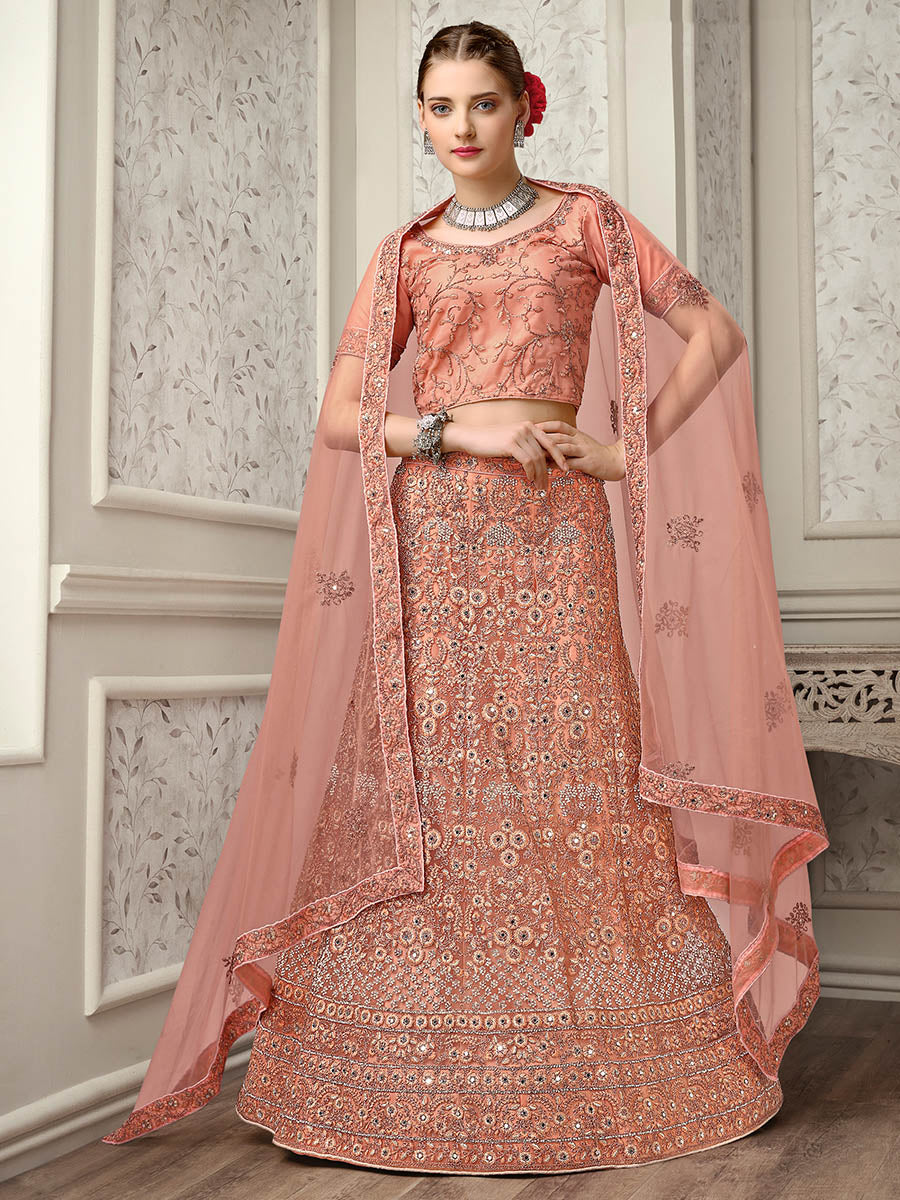 Myra Peach Net Heavy Embroidered Lehenga Choli